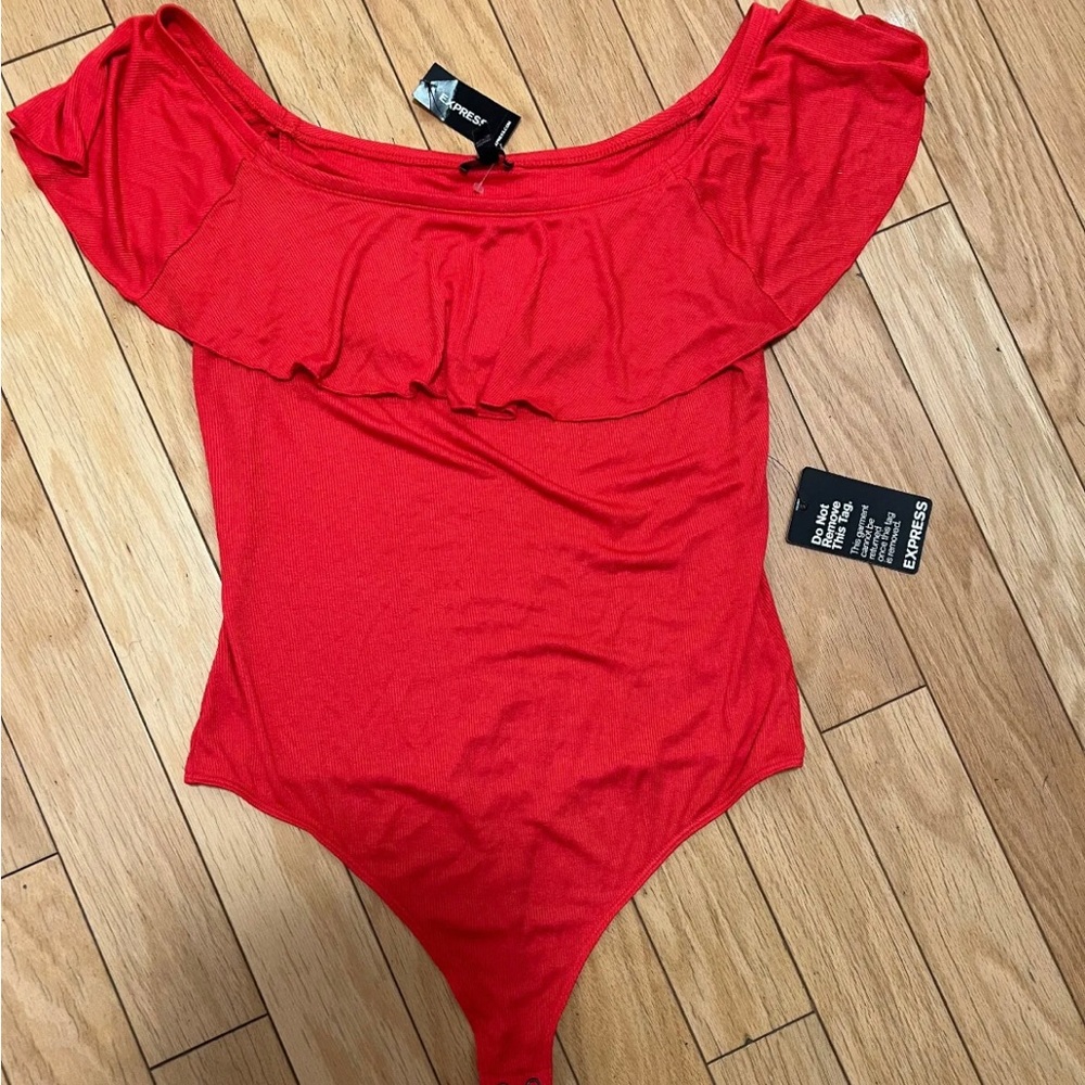 Express Ribbed Ruffle Off Shoulder Bodysuit- NWT